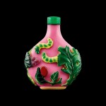 A four-colour overlay pink glass 'silkworms' snuff bottle, Yangzhou school, Qing dynasty, 19th century | 清十九世紀 揚州作粉紅地套四色料錦衣玉食圖鼻煙壺