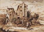 Landscape with travelers by rustic buildings