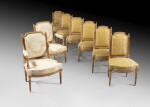 A suite of six giltwood chairs and two armchairs, Louis XVI period, stamped P. Pluvinet, circa 1780 | Suite de six chaises et deux fauteuils en bois doré, d'époque Louis XVI, estampillés P. Pluvinet, vers 1780
