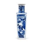 A blue and white 'Romance of the Western Chamber' quadrangular vase, Qing dynasty, 19th century | 清十九世紀 青花開光西廂記故事圖方瓶 《大明成化年製》仿款