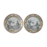 A Pair of Chinese Export Grisaille and Gilt decorated 'Fisherman' Plates, Qing Dynasty, Qianlong Period | 清乾隆 墨彩描金漁人圖盤一對
