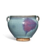 A purple-splashed 'Jun' handled jar, Northern Song - Yuan dynasty | 北宋至元 鈞窰天藍釉紫斑雙繫罐