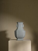 A very fine Ru-type hexagonal vase, Hu, Seal mark and period of Qianlong | 清乾隆 仿汝釉六方貫耳壺 《大清乾隆年製》款