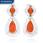 Pair of Coral, Chalcedony and Diamond Pendant-Earclips