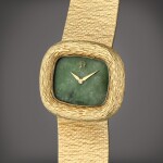 A yellow gold cushion shaped wristwatch with jade dial, Designed by Roy King, Circa 1971
