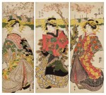Utagawa Kunisada (1786-1864) | The courtesans Hanaogi of the Ogiya house, Shiratama of the Tamaya house and Oyodo of the Tsuruya house (Tsuruya uchi Oyodo, Tamaya uchi Shiratama, Ogiya uchi Hanaogi) | Edo period, 19th century