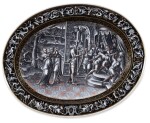 A Limoges painted enamel oval dish depicting David playing the harp before Saul, Circa 1572