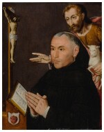 A donor praying with a crucifixion and book on a table, with Saint John the Baptist behind him, a coat of arms lower left