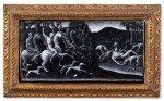A Limoges grisaille painted enamel rectangular plaque depicting the Death of Acteon, attributed to Pierre Reymond (1513-1584), Circa 1570