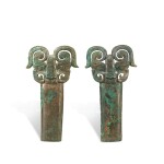 A pair of bronze 'mythical beast' horses' harness frontlets, Western Zhou dynasty 西周 青銅獸面馬冠飾一對