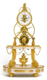 A GILT-BRONZE AND WHITE MARBLE GREAT WHEEL SKELETON TIMEPIECE, FRENCH, EARLY 19TH CENTURY