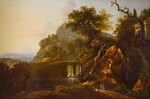 A capriccio landscape with travellers below a rocky outcrop