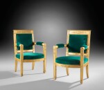 A pair of Empire carved giltwood fauteuils, stamped J.B.B DEMAY, early 19th century | Paire de fauteuils en bois doré et sculpté d'Epoque Empire, estampillés J.B.B DEMAY, début XIXe siècle