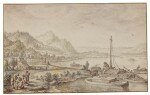 Rhine landscape with figures and boats