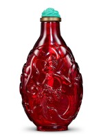 A carved ruby-red glass 'chilong' snuff bottle Qing dynasty, 18th century | 清十八世紀 寶石紅料刻螭龍鼻煙壺