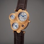 Antiqua | An unusual pink gold perpetual calendar asymmetrical wristwatch, Circa 2006 | Vianney Halter Antiqua 粉紅金萬年曆不對稱腕錶，製作年份約 2006