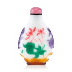 A Five-Colour Overlay Glass 'Fish and Lotus' Snuff Bottle Qing Dynasty, 18th - 19th Century | 清十八至十九世紀 白地套五色料荷塘紋鼻煙壺