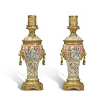 A Pair of Louis XVI Style Gilt-Bronze Mounted Chinese Export Canton Famille-Rose Vases, Late 19th Century | 清十九世紀末 廣彩人物故事圖瓶一對 後改裝為臺燈