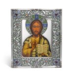 A RARE AND IMPORTANT FABERGÉ GEM-SET SILVER AND EN PLEIN ENAMEL ICON OF CHRIST PANTOKRATOR, MOSCOW, 1908-1917