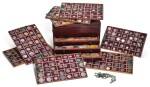 A GEORGE III MAHOGANY INLAID COLLECTORS CABINET CONTAINING A LARGE COLLECTION OF COINS AND MEDALS, ASSEMBLED IN THE 18TH AND 19TH CENTURY