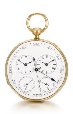 A GOLD OPEN-FACED TWO-TIME ZONE CALENDAR DUPLEX WATCH WITH CENTRE SECONDS MADE FOR THE CHINESE MARKET CIRCA 1870, NO. 130 [ 黃金兩地時間日曆懷錶，為中國市場製造，年份約1870，編號130]