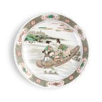 A famille-verte 'immortals' dish, Qing dynasty, Kangxi period | 清康熙 五彩仙人乘槎祝壽圖盤