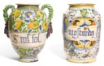 AN ITALIAN MAIOLICA TWO-HANDLED DRUG JAR AND AN ITALIAN MAIOLICA STORAGE JAR, CIRCA 1580 AND 1615