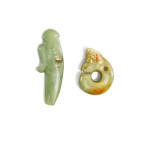 A celadon jade 'pig dragon' and a 'bird' blade, Qing dynasty or earlier 清或更早 青玉豬龍及鷹首戈