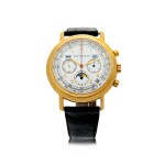 RETAILED BY TIFFANY & CO.: A YELLOW GOLD AUTOMATIC TRIPLE CALENDAR CHRONOGRAPH WRISTWATCH WITH MOON PHASES, CIRCA 1990
