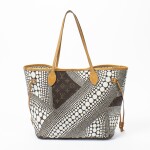 LOUIS VUITTON | BROWN AND WHITE LIMITED EDITION KUSAMA MONOGRAM CANVAS NEVERFULL MM WITH GOLDEN BRASS HARDWARE