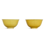 A pair of incised yellow-glazed 'dragon' bowls, Seal marks and period of Jiaqing 清嘉慶 黃釉暗刻雲龍趕珠紋盌一對 《大清嘉慶年製》款