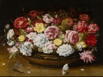 Still life of roses in an oriental lacquer and canework bowl, on a ledge with a butterfly and dragonfly