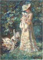 Feeding the Swans, the Artist's Wife Tjieke and their Daughter Albertine