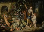 ABRAHAM BRUEGHEL AND NICOLA VACCARO | A YOUNG WOMAN PICKING FIGS WITH THREE CHILDREN IN A TERRACED GARDEN, WITH URNS OF CARNATIONS, MORNING GLORY, AND OTHER FLOWERS, AND BASKET OF GRAPES AND OTHER FRUITS NEARBY