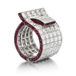 White gold, diamond and ruby adjustable ring, 'Buckle'   