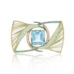 Aquamarine, enamel and diamond brooch