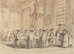 A group of elegantly dressed figures seated around a table | Groupe d'élégants dans un intérieur