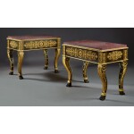 A PAIR OF EMPIRE GILT AND PATINATED BRONZE JARDINIERES NOW FITTED AS CENTRE TABLES, EARLY 19TH CENTURY