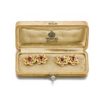 A pair of Fabergé ruby and varicoloured gold cufflinks, workmaster August Hollming, St Petersburg, 1899-1903