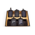 A rectangular dark lacquered and lightwood tray with a small ebonized wood tray | Rechteckiges Holztablett mit einem kleinen ebonisierten Tablett, beides teils dunkel lackiert