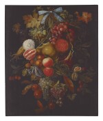CIRCLE OF JACOB ROTIUS | STILL LIFE OF A HANGING BOUGH OF FRUIT AND FLOWERS INCLUDING GRAPES, PEACHES, FIGS, CORN, POMEGRANATES, CARNATIONS, AND TULIPS