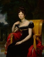 Portrait of a woman, three-quarter length, in an elegant black velvet dress with lace trim, seated in an Empire chair on a red embroidered shawl on a terrace