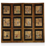 A SET OF TWELVE CHINESE WATERCOLOURS MOUNTED AS A FOUR-FOLD SCREEN  , THE WATERCOLOURS EARLY 19TH CENTURY, THE SCREEN LATER