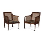 A Pair of Regency Style Turned Mahogany Caned Library Armchairs, 20th century