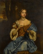 Portrait of Letitia, later Lady Russell (c. 1645–1721), three-quarter-length, seated in a landscape, wearing a brown dress and a blue cloak, holding a garland of leaves