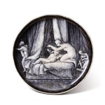 A Limoges grisaille painted enamel Tazza with Cupid and Psyche, Mid-16th century