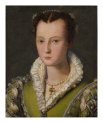 CIRCLE OF ALESSANDRO ALLORI | PORTRAIT OF A LADY, SAID TO BE A MEDICI, BUST LENGTH, WEARING A GREEN DRESS AND PEARLED NECKLACE