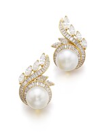 PAIR OF CULTURED PEARL AND DIAMOND EAR CLIPS