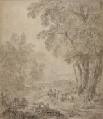 Landscape with travelers on a rural path, others resting behind
