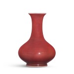 A copper-red glazed bottle vase, Seal mark and period of Qianlong 清乾隆　紅釉荸薺瓶 《大清乾隆年製》款